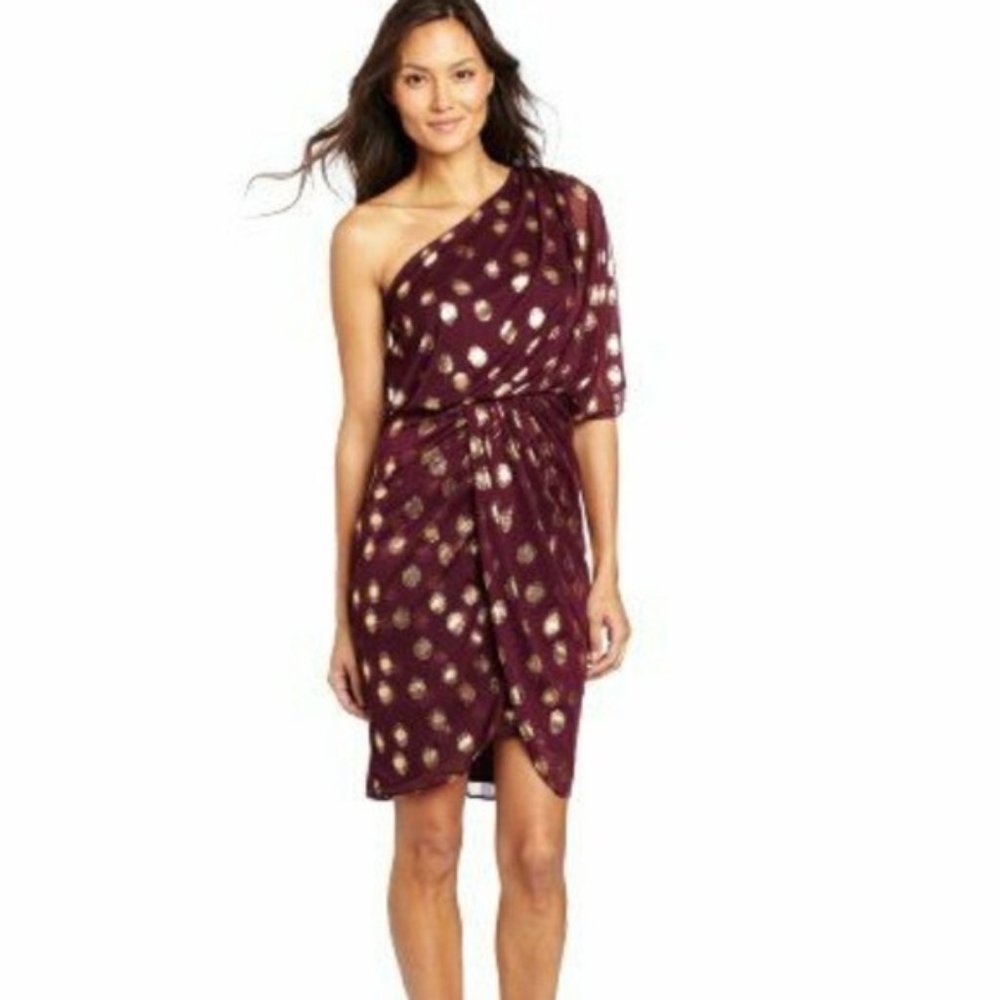 ADRIANNA PAPELL One Shoulder Drape Burgundy Cocktail Dress SZ 8